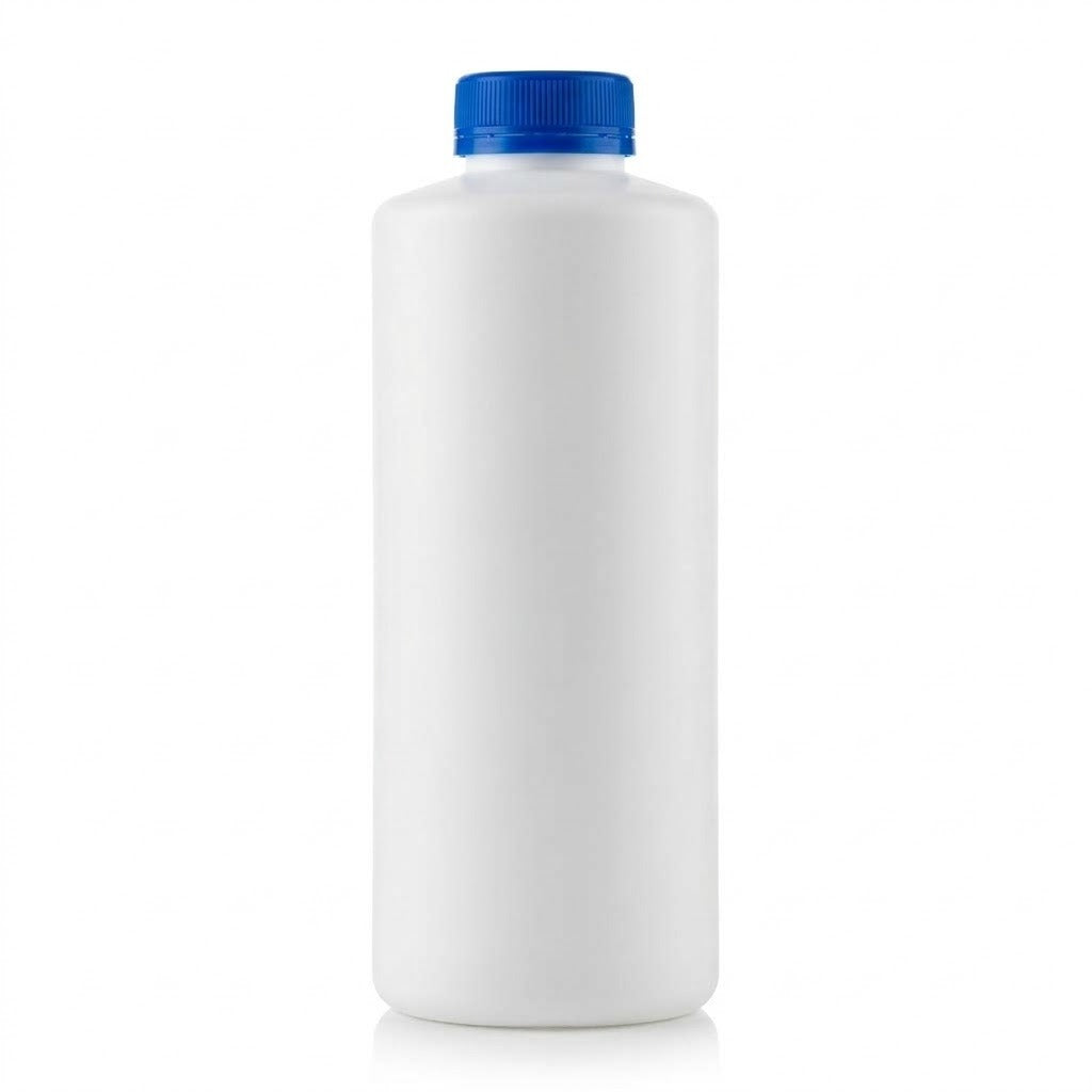 Plain white plastic bottle of 99 percent USP anhydrous isopropyl alcohol with a blue child-resistant cap on a white background