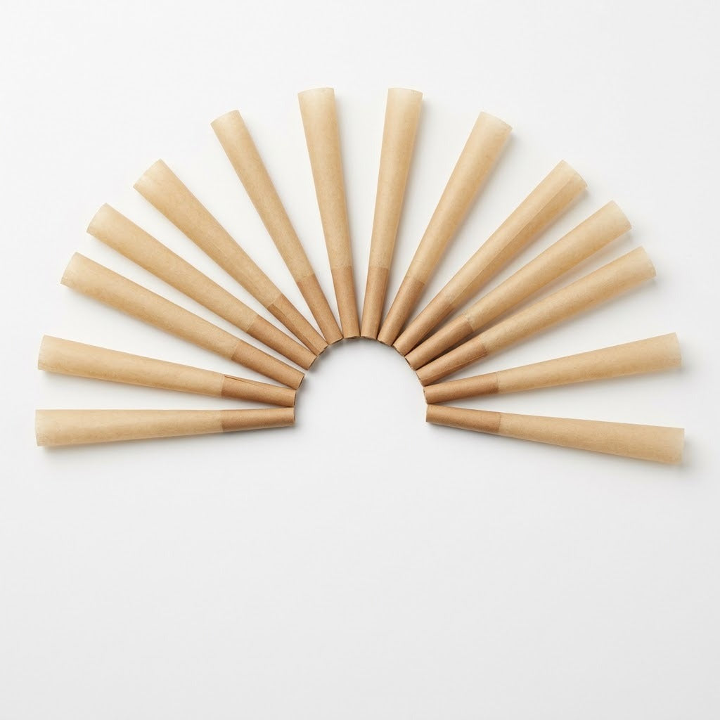 Fan of unbleached king size 109 mm pre-rolled paper cones with filter tips on a white background