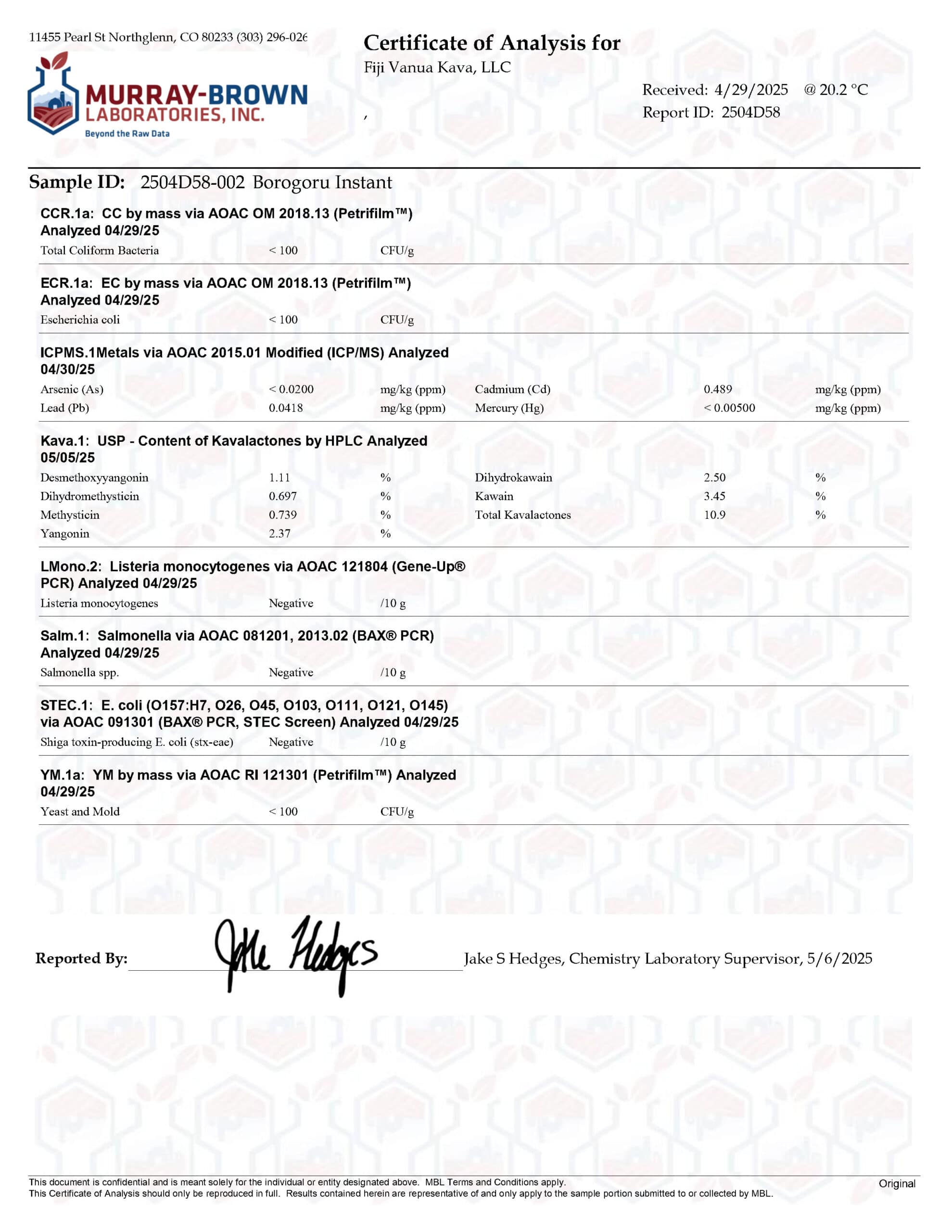 Certificate of Analysis for the Borogoru Instant Kava