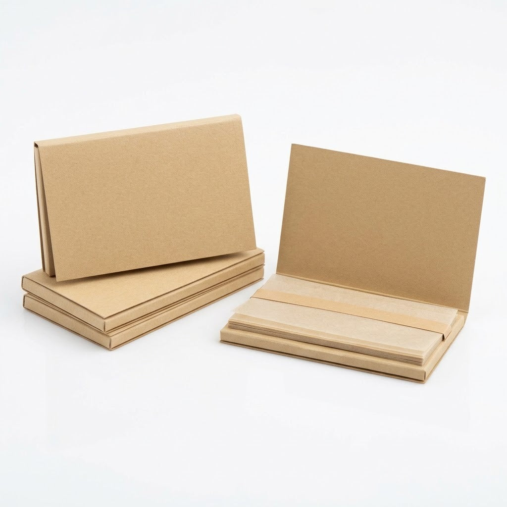 Stack of plain unbleached 1 1/4 size rolling paper booklets with one open showing the papers inside