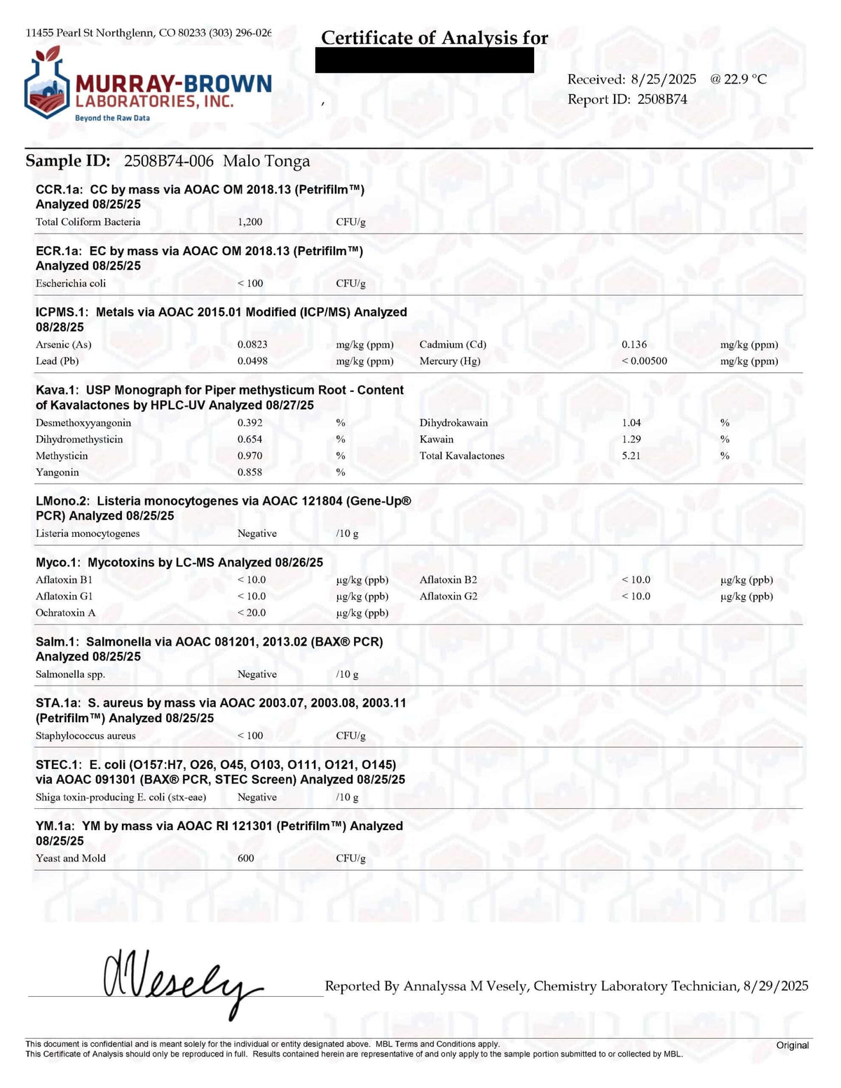 Certificate of Analysis - Kava Medium Grind, Tonga variety - supplier lab report (redacted)