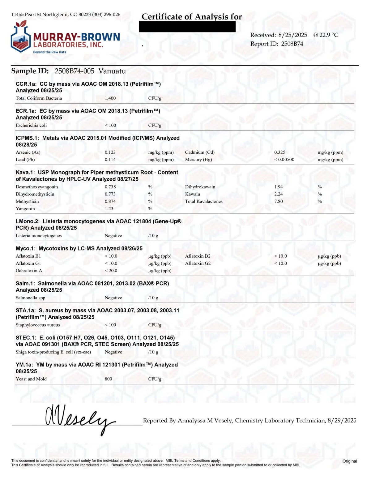 Certificate of Analysis - Vanuatu Kava High Potency (Medium Grind) - supplier lab report (redacted)