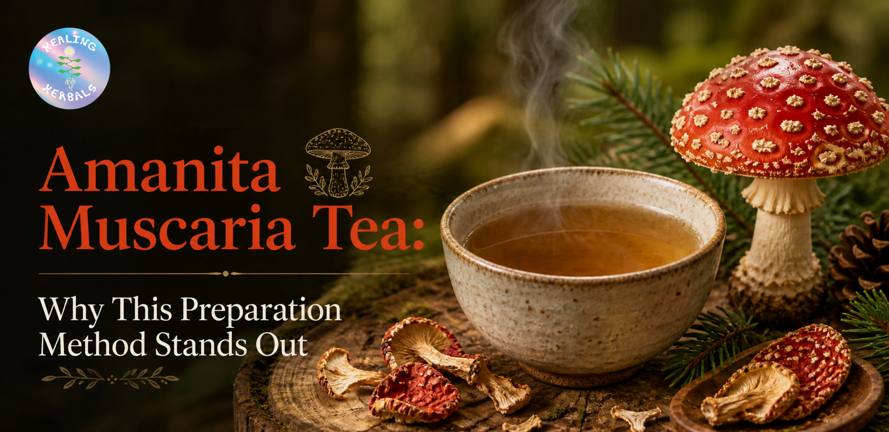 Steaming cup of Amanita muscaria tea on a wooden surface with dried mushroom slices and a red spotted mushroom, set in a warm forest scene.