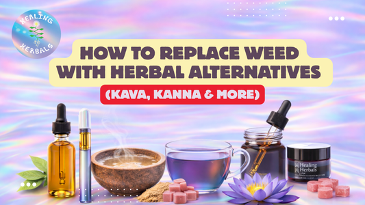 Holographic pastel banner featuring herbal alternatives to weed, including kava drink, kanna gummies, blue lotus tea, tincture bottles, and extract jar, with bold title text.