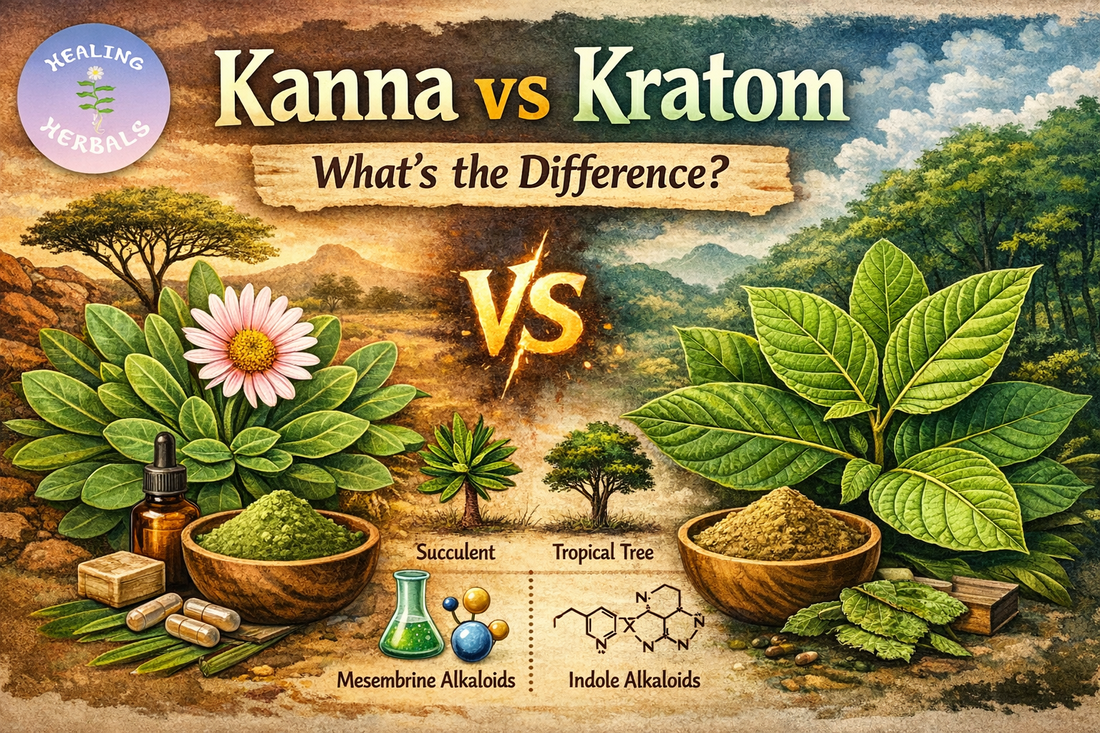 Kanna vs Kratom comparison banner showing Sceletium tortuosum succulent and Mitragyna speciosa tropical leaves with visual differences in plant type and alkaloids