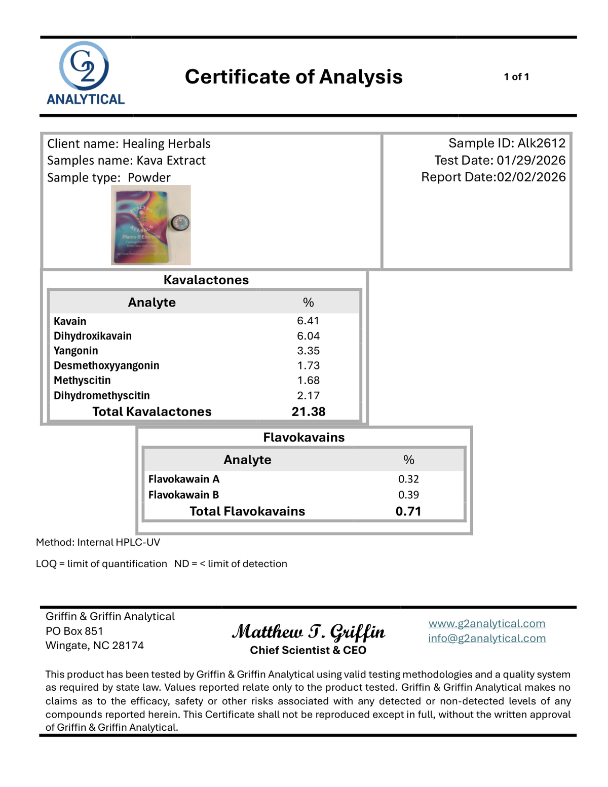 Certificate of Analysis, High Potency Kava Extract Powder, G2 Analytical, Alk2612