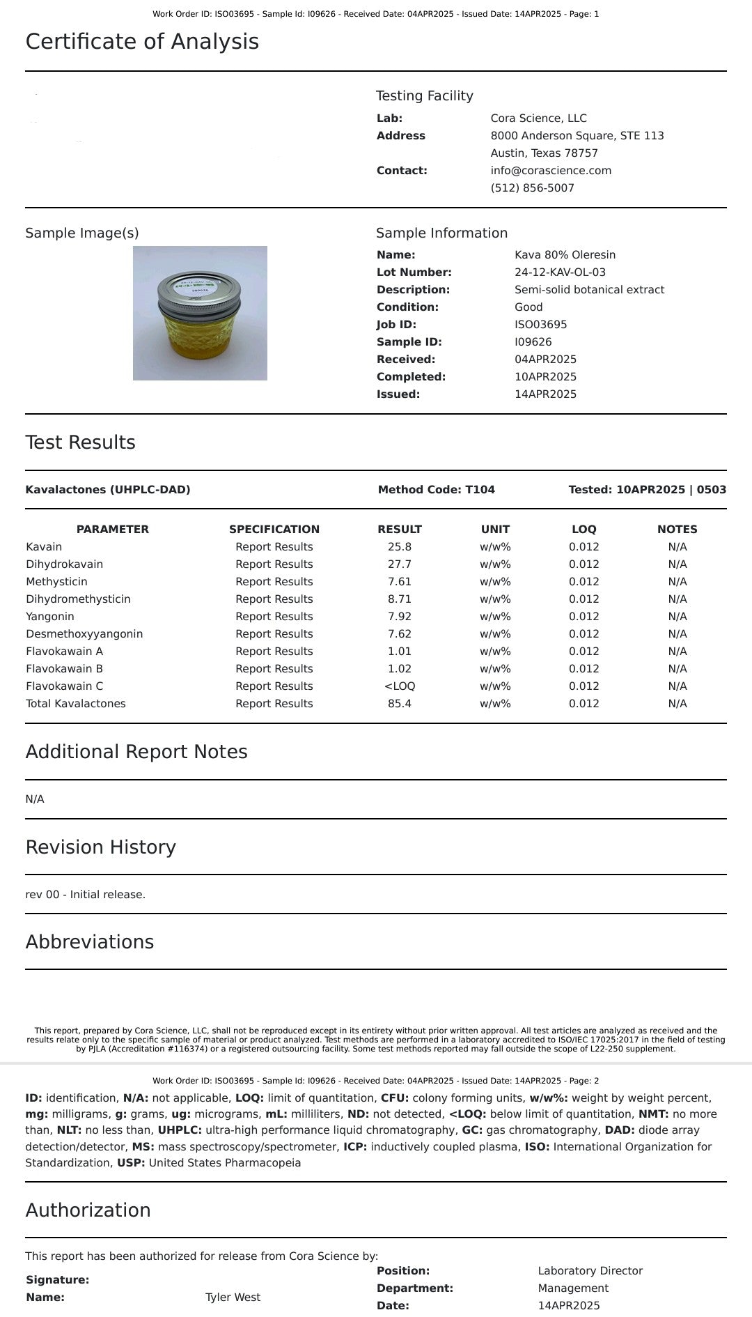 Certificate of Analysis, Kava Resin 85% Kavalactone, Cora Science, lot 24-12-KAV-OL-03
