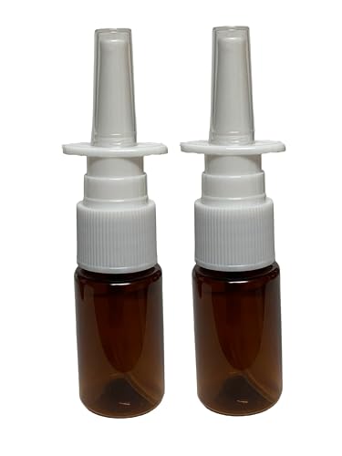 Two small amber glass nasal spray bottles with white spray nozzles and clear caps, displayed upright side by side on a plain white background.