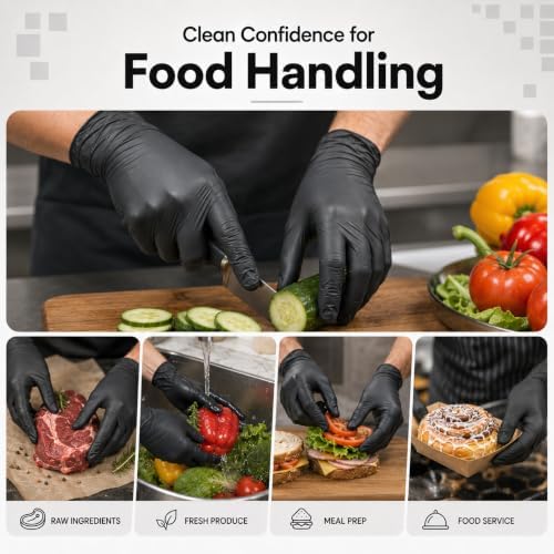 Black powder free nitrile gloves worn while handling food