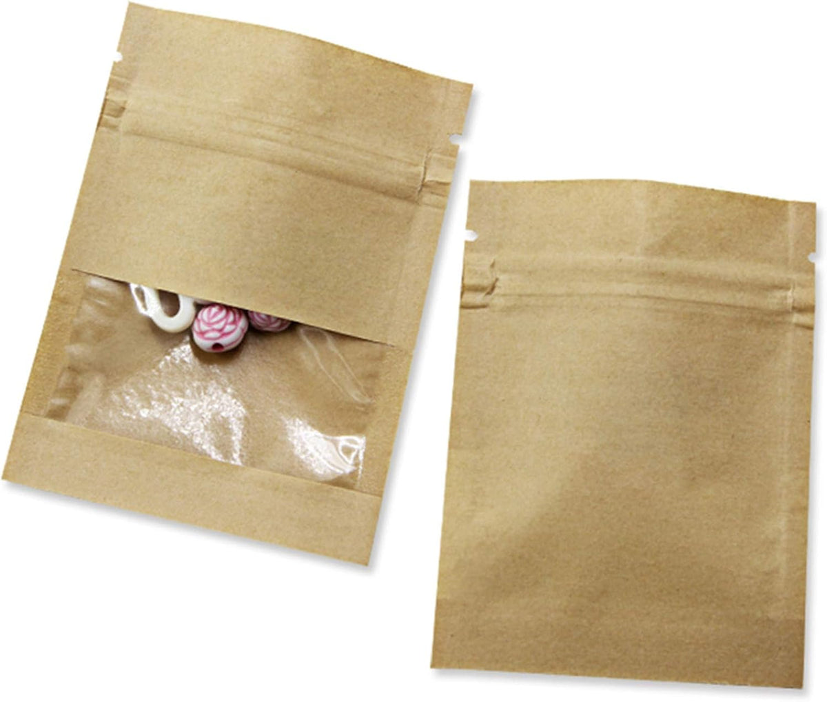 Small kraft stand-up resealable bags with a clear front window, 2.7 by 3.5 inches
