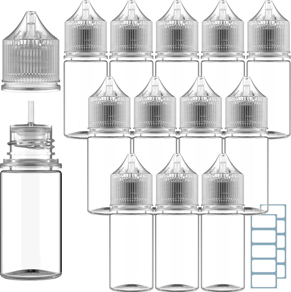 Clear 30 ml LDPE chubby squeeze refill bottles with dropper tips and caps