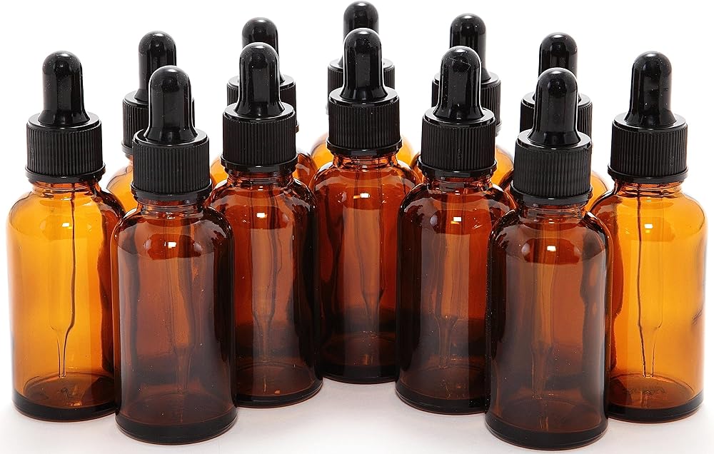 Empty 1 oz amber glass tincture bottles with glass eye droppers