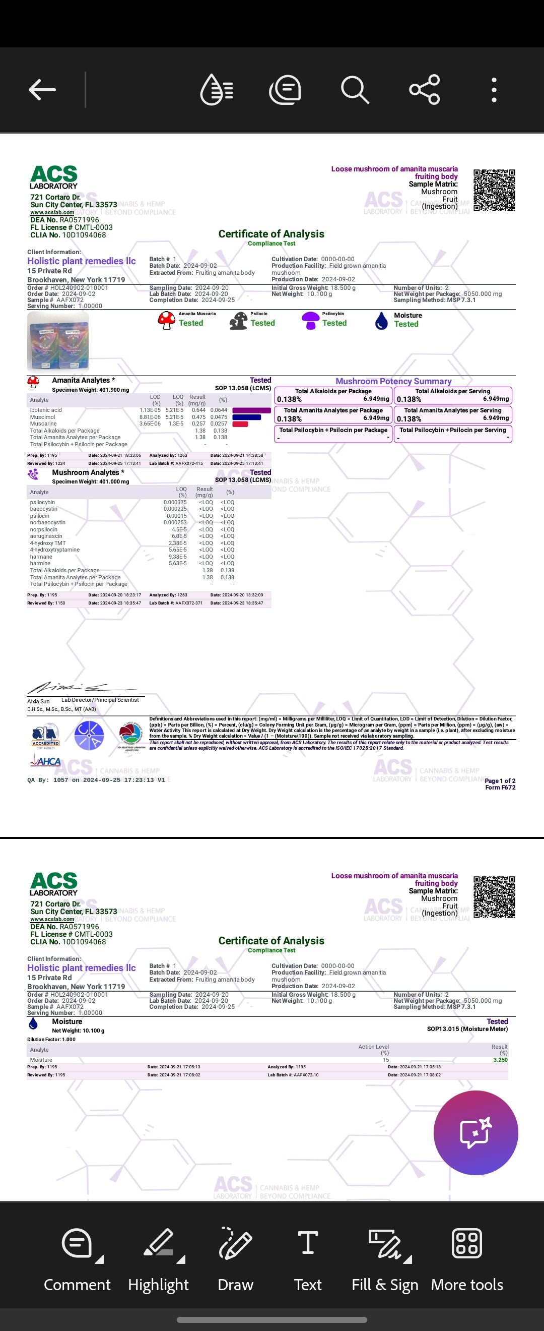 Amanita Extract Partially Decarboxylated Certificate Of Analysis By Healing Herbals