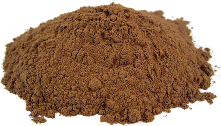 Fine brown Amanita mushroom extract powder displayed in a loose mound on a white background.