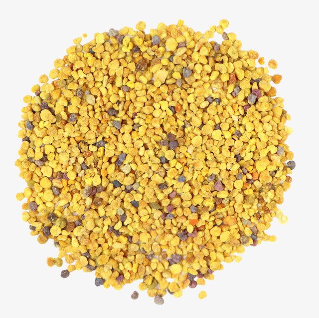 Bee pollen granules by Healing Herbals, showing vibrant yellow and orange pellets with natural variation on a clean white background.