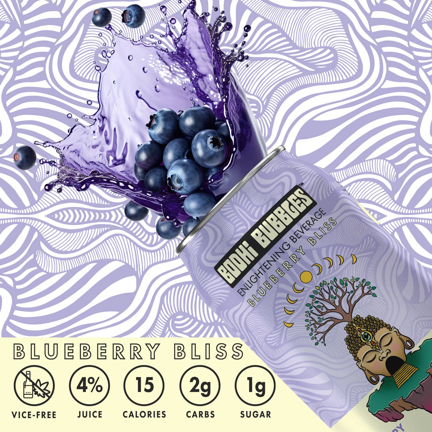 Bhodi Bubbles Blueberry Bliss kanna-infused sparkling beverage can shown pouring a vivid purple splash with fresh blueberries, featuring illustrated label art and nutritional highlights, set against a patterned lavender background.