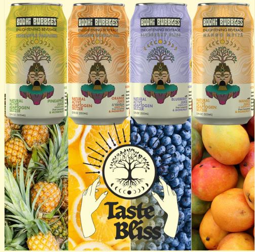 Four cans of Bodhi Bubbles enlightening beverage displayed side by side, featuring pineapple, orange vanilla, blueberry acai, and mango flavors, with colorful illustrated labels and fresh fruit backgrounds.