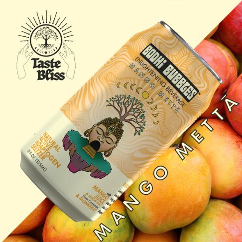 Bodhi Bubbles Mango Metta enlightening beverage can with a golden illustrated label, shown diagonally over ripe mangoes, featuring the Taste Bliss logo and mango flavor designation.