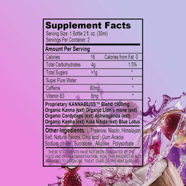 Supplement Facts panel displaying nutrition information, caffeine, vitamin B3, and a proprietary Kannabliss herbal blend, set on a purple background with fruit splash accents.