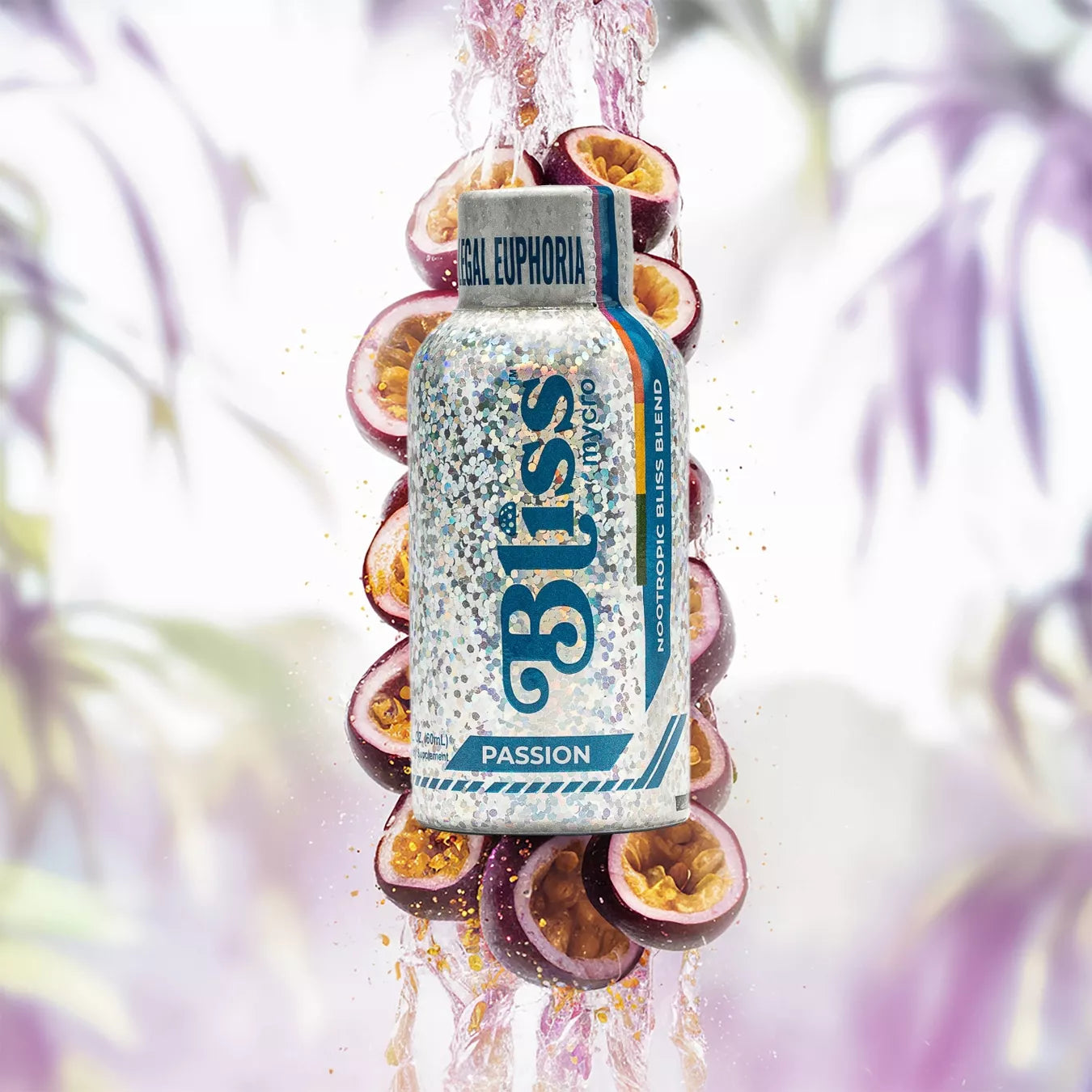 Silver Bliss Passion nootropic drink bottle surrounded by sliced passion fruit, with water splashing over the top against a soft tropical background.