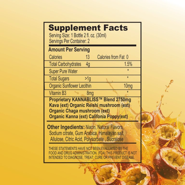 Supplement Facts panel displaying nutrition information, vitamin B3, and a proprietary Kannabliss herbal blend with kava, reishi, chaga, kanna, and California poppy, on a passion fruit–themed background.