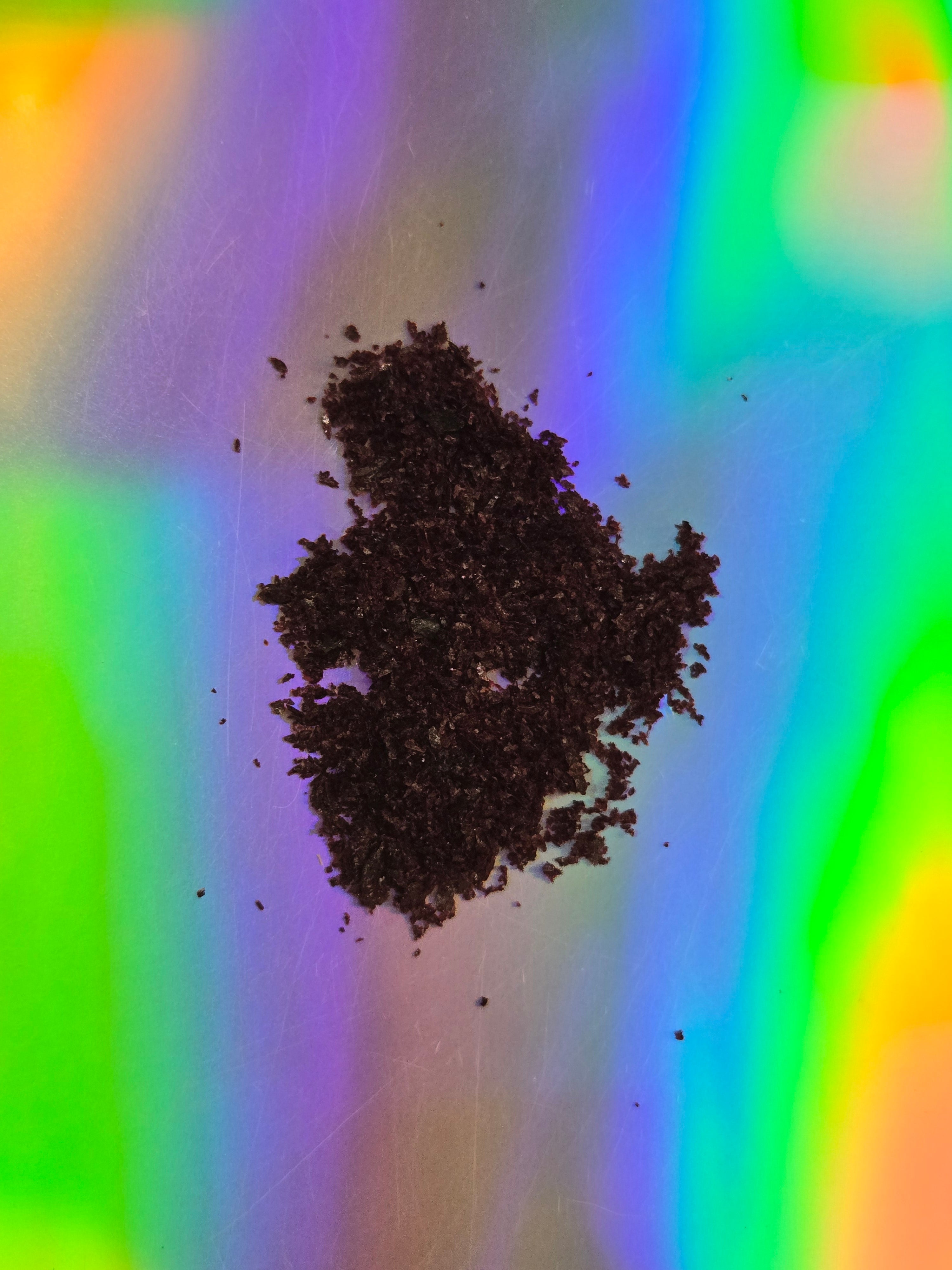 Top-down view of finely ground blue lotus (Nymphaea caerulea) extract displayed as a loose, dark botanical powder on a vibrant rainbow gradient background.