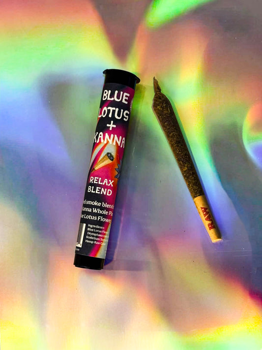 Blue Lotus and Kanna pre-roll relax blend with packaging on colorful background