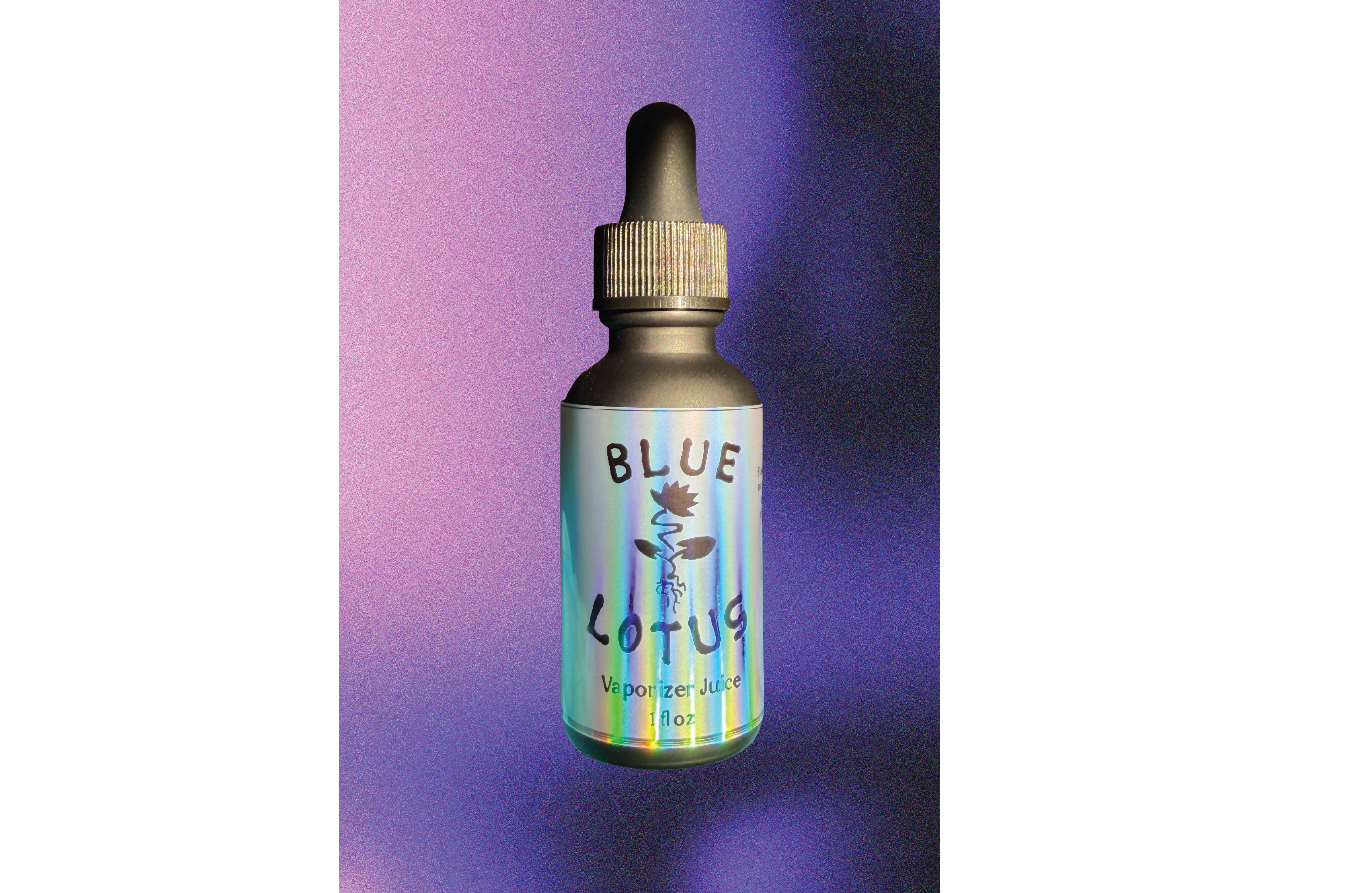 Glass dropper bottle of Blue Lotus vaporizer juice with an iridescent holographic label reading ‘Blue Lotus,’ featuring a lotus flower illustration, photographed against a purple-to-blue gradient background.