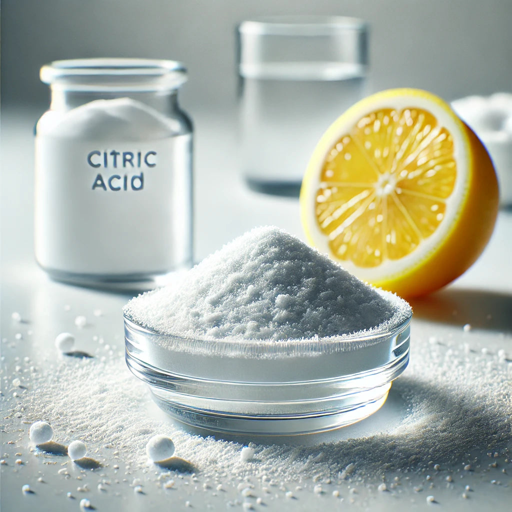 Fine white citric acid powder by Healing Herbals displayed in a clear glass dish, with a labeled citric acid jar, fresh lemon half, and glass of water in the background on a clean, bright surface.