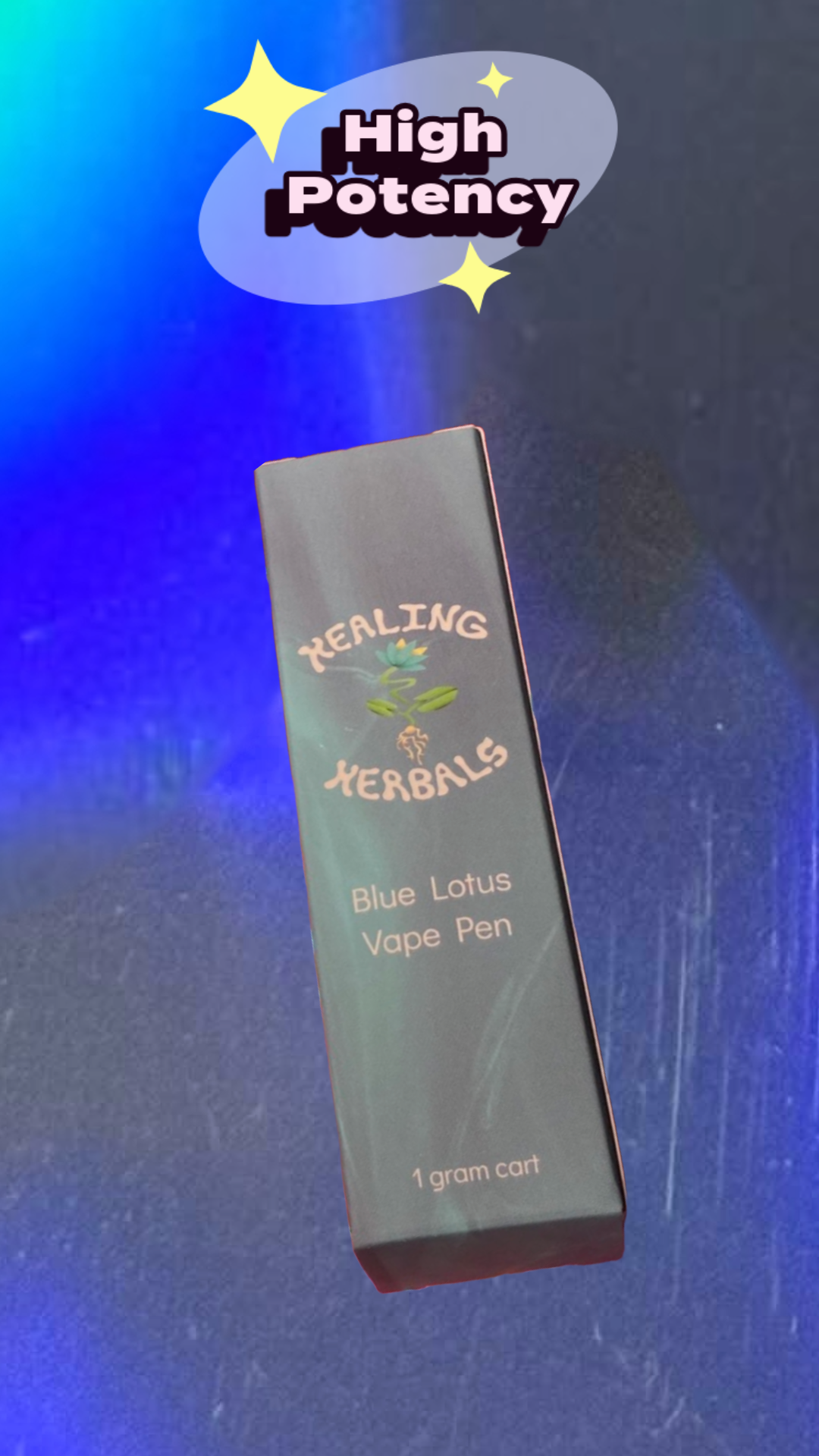 Disposable High-potency Blue Lotus vape pen by Healing Herbals in slim blue box packaging, labeled “1 gram cart,” displayed at an angle on a deep blue gradient background with a “High Potency” graphic above.