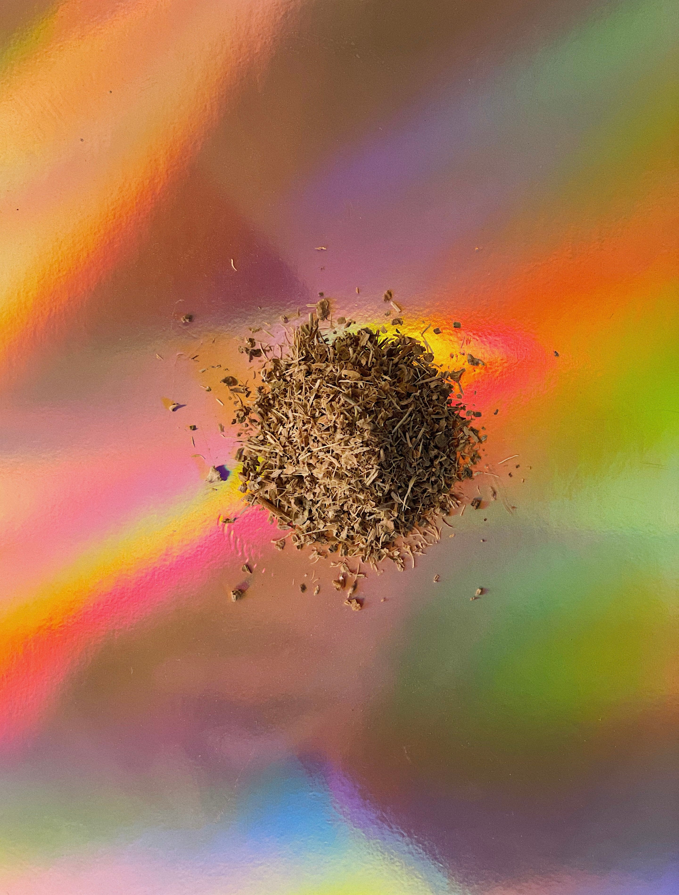 Fermented kanna loose-leaf tea by Healing Herbals, showing a small mound of finely cut tan-brown herbal pieces centered on a soft iridescent holographic background with rainbow color gradients.