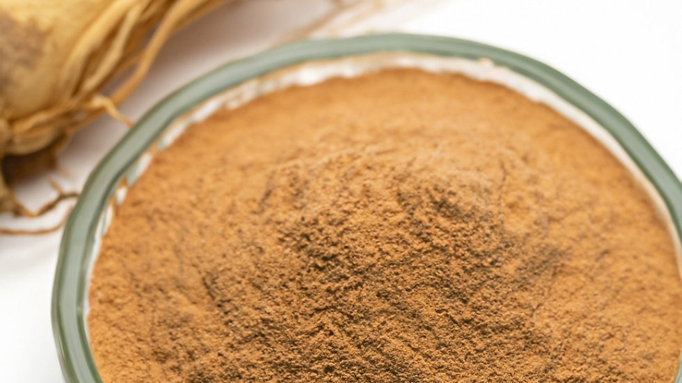 Finely ground ginseng root extract powder by Healing Herbals in a ceramic bowl, with whole dried ginseng roots in the background on a clean white surface.