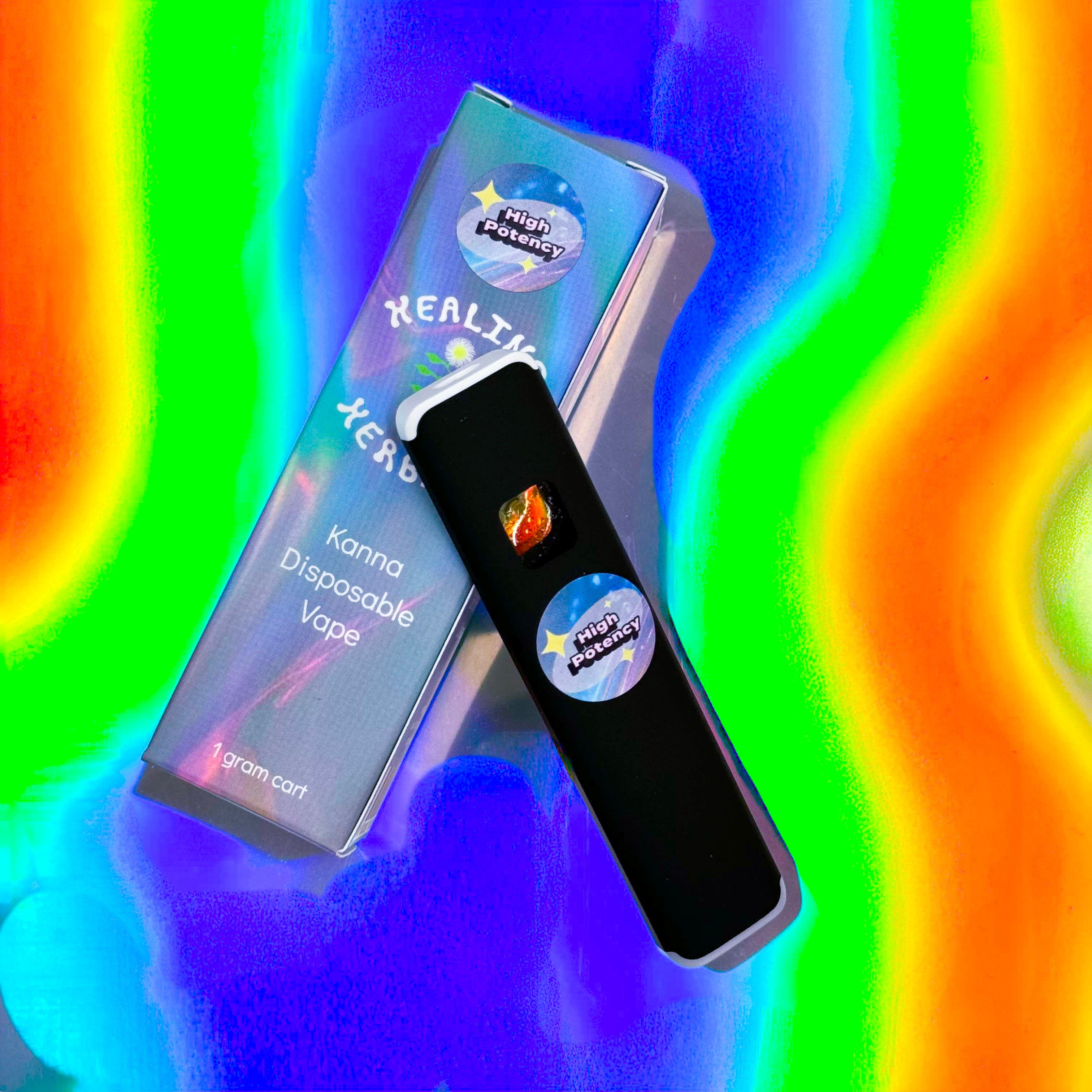 High-potency Kanna disposable vape by Healing Herbals, 1g vape device with sleek packaging on vibrant holographic background