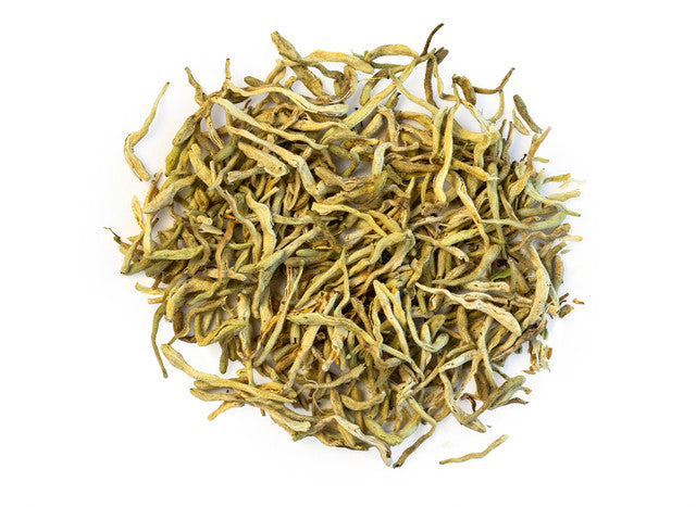 Top-down view of dried honeysuckle flowers by Healing Herbals, showing slender yellow-green petals with a naturally twisted texture on a clean white background.