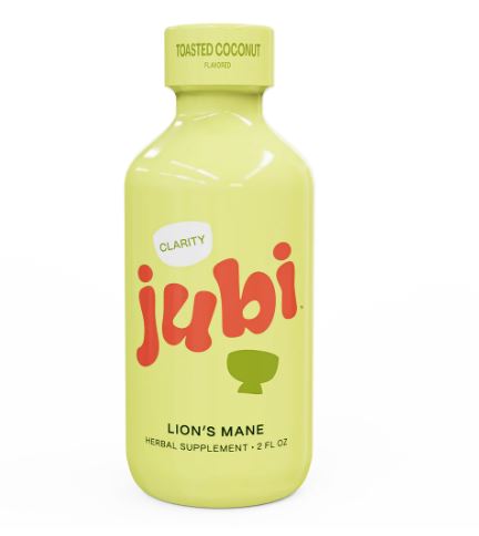 Jubi Lion’s Mane herbal supplement shot in a pale yellow bottle labeled “Clarity,” toasted coconut flavored, 2 fl oz, isolated on a white background.