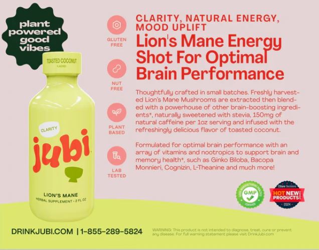 Informational product graphic for Jubi Lion’s Mane Energy Shot showing a pale yellow bottle alongside text highlighting clarity, natural energy, and mood uplift, with icons for gluten-free, nut-free, plant-based, and lab-tested, plus toasted coconut flavor and brain performance support details.