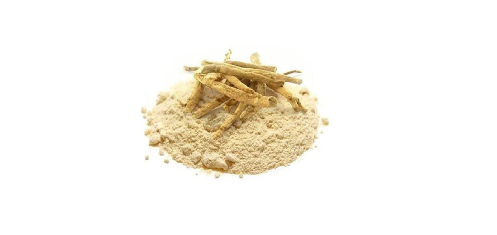 Fine off-white powder with dried ashwagandha roots placed on top against a white background.