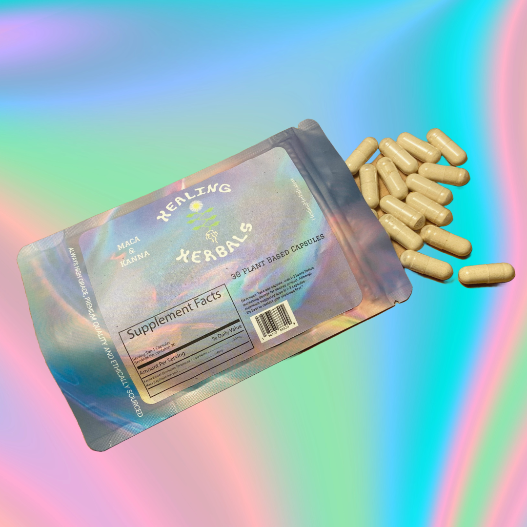 Healing Herbals maca and kanna vegan capsules, showing an iridescent resealable pouch labeled “Maca & Kanna” with 30 plant-based capsules spilled beside it on a soft rainbow gradient background.
