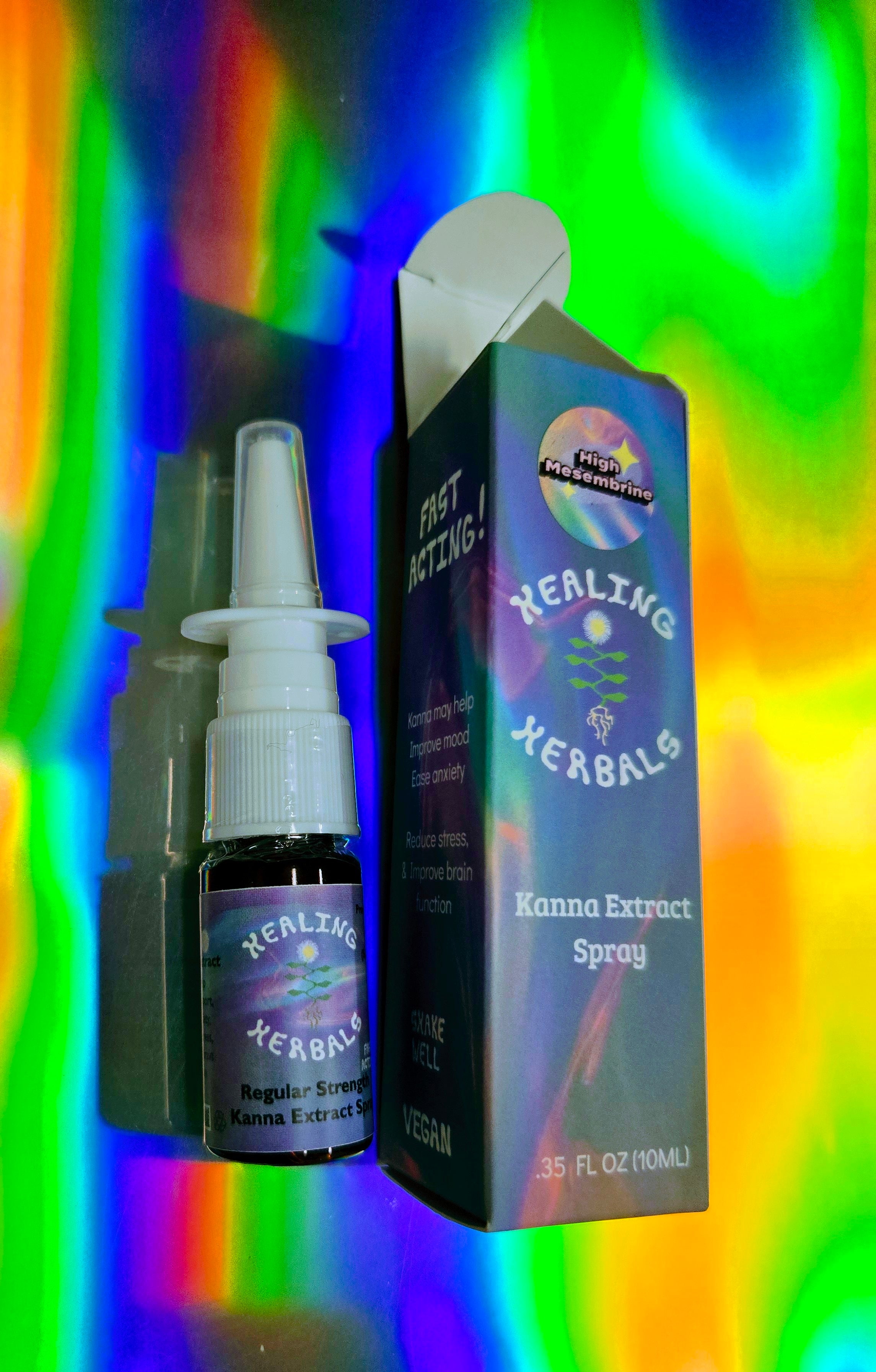 Healing Herbals Kanna Extract Spray bottle displayed beside its branded box labeled “High Mesembrine,” photographed against a vibrant rainbow holographic background, showing nasal spray applicator and colorful packaging.