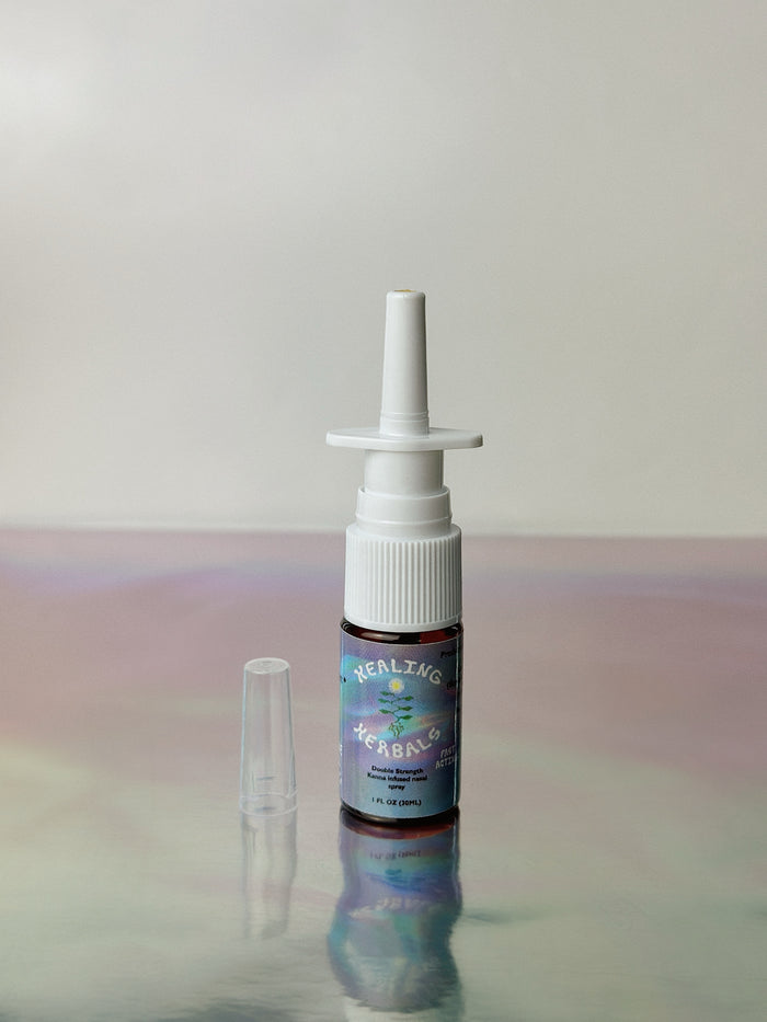 Pictured is our Kanna nasal spray bottle over a grey background with slightly psychedelic colors in the grey. The kanna nasal spray is a typical nasal spray design and our logo is the kanna symbol with artistic waviness.