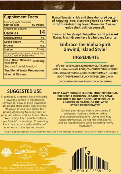 Karuna Kava Fresh Green Hawaiian Awa Supplement Facts, Ingredients, And Label By Healing Herbals