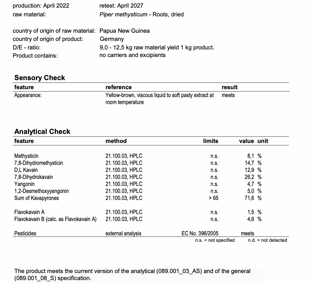 Kava CO2 85% Kavalactone Extract Paste Certificate Of Analysis By Healing Herbals