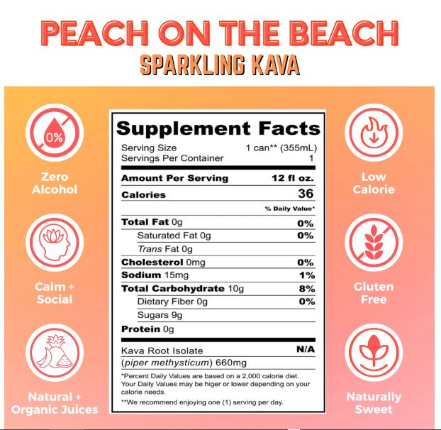 Botanical Brewing Co. Kava Peach On The Beach Supplement Facts Healing Herbals Store