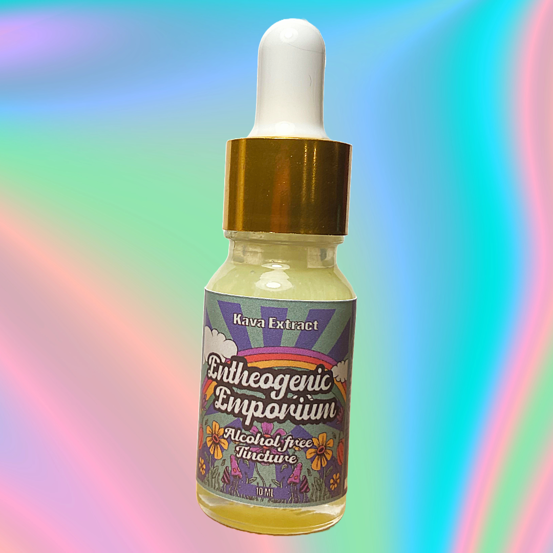 Kava extract alcohol-free tincture in a 10 ml clear glass dropper bottle with a gold cap and white bulb, featuring colorful Ethheogenic Emporium labeling, set against a soft pastel rainbow gradient background.