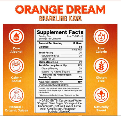 Kava Orange Dream Sparkling Elixir 12 FL OZ 355ML Supplement Facts - Healing Herbals
