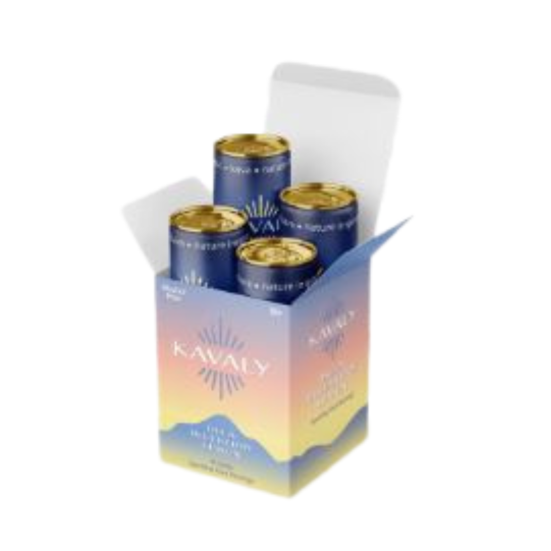 Open retail box containing four cans of Kavaly Bula Blueberry Lemon Kava drink, featuring a blue-to-yellow gradient package design with gold can tops.