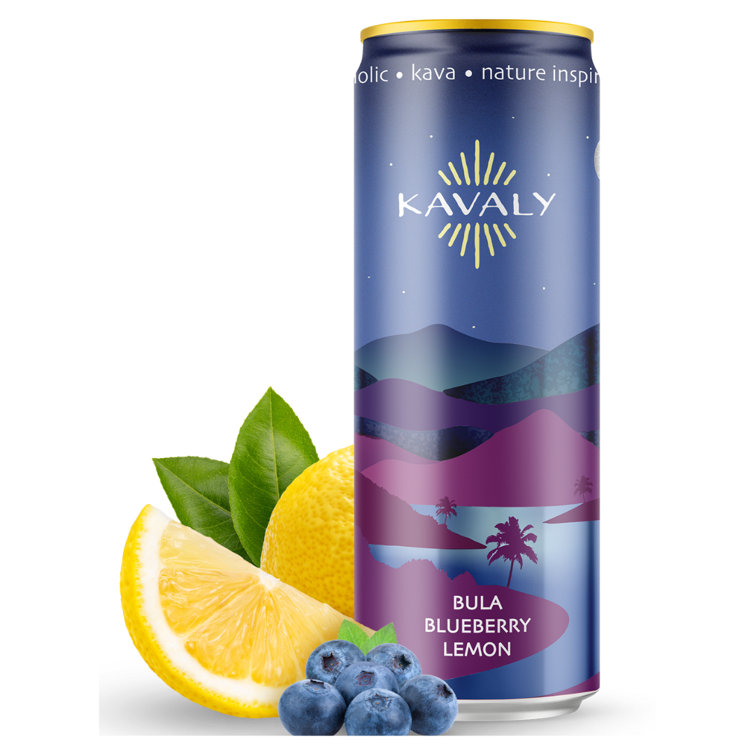 Blue Kavaly can with a mountain and lake design on a white background, styled with lemon, green leaves, and blueberries.