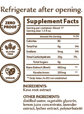Kavaly Kava Infused Lemon Lavender Non-Alcoholic Spirits Supplement Facts Healing Herbals