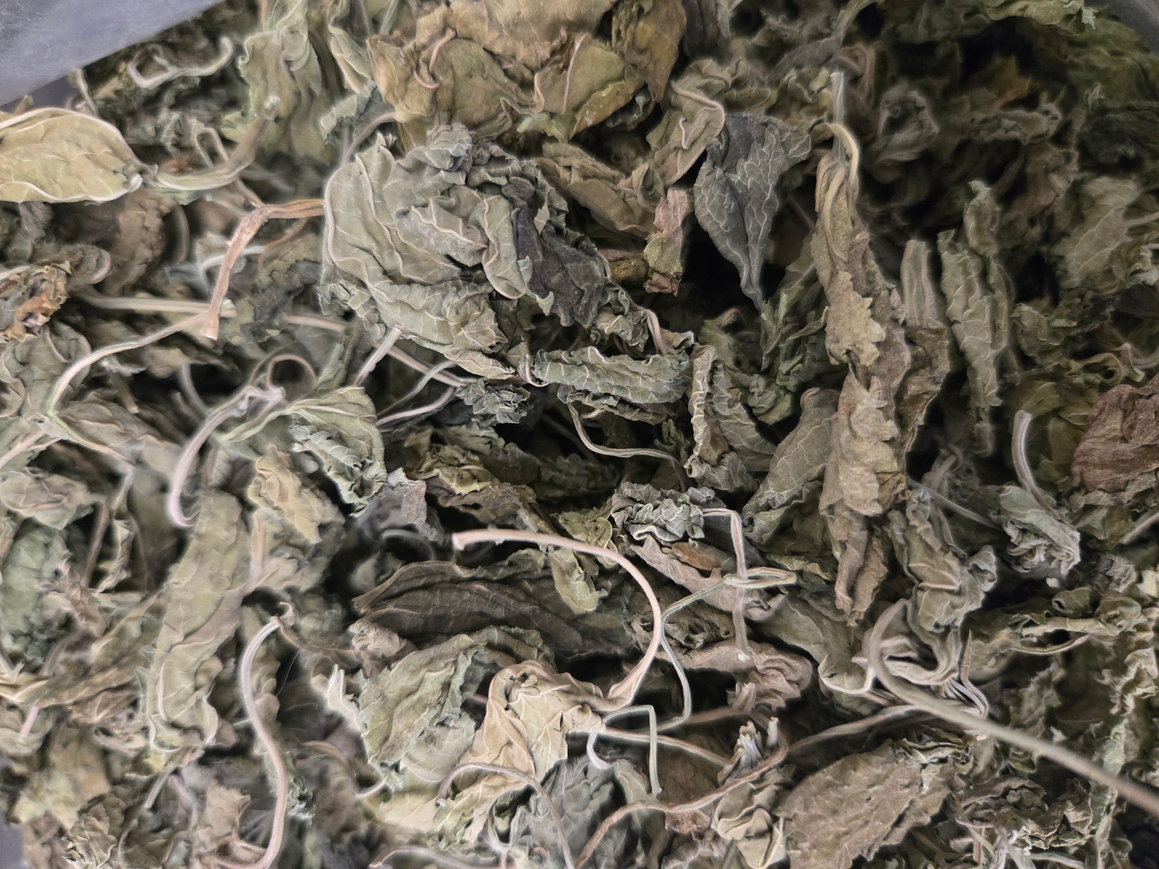 Close-up view of dried Klip Dagga leaves and thin stems, showing their natural crinkled texture and muted green-brown tones, tightly packed together as a loose herbal blend.
