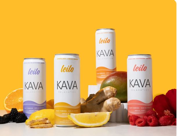 Four Leilo Kava sparkling beverage cans arranged on a bright yellow background, surrounded by fresh fruits and ginger including lemon, mango, raspberries, blackberries, and ginger root to represent assorted flavors.